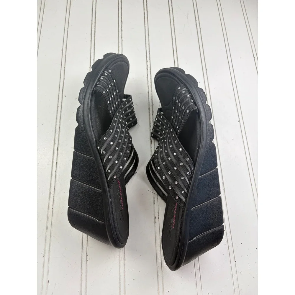 Skechers Black Rhinestone Wedge Platform Sandals Slides Women's Size 9-9.5